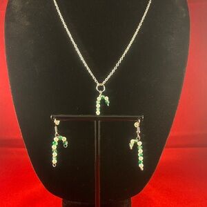 Chic Silver Candy Cane Jewelry Set with Green Accents